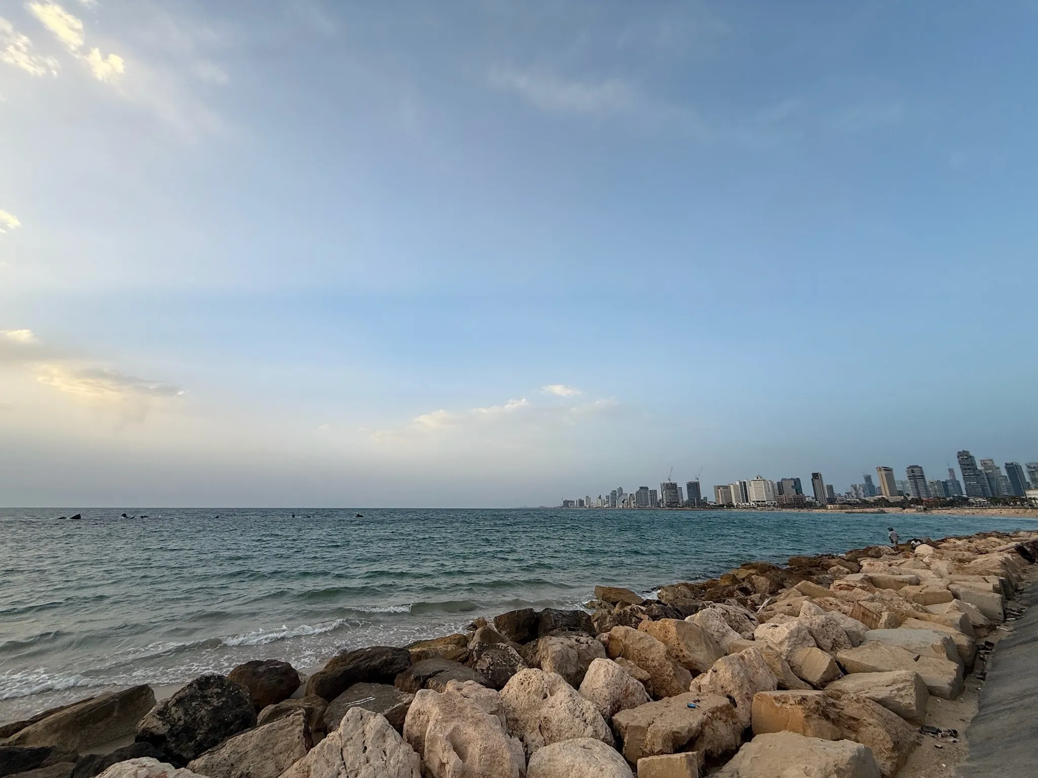 The Tel Aviv shoreline and skyline at dusk