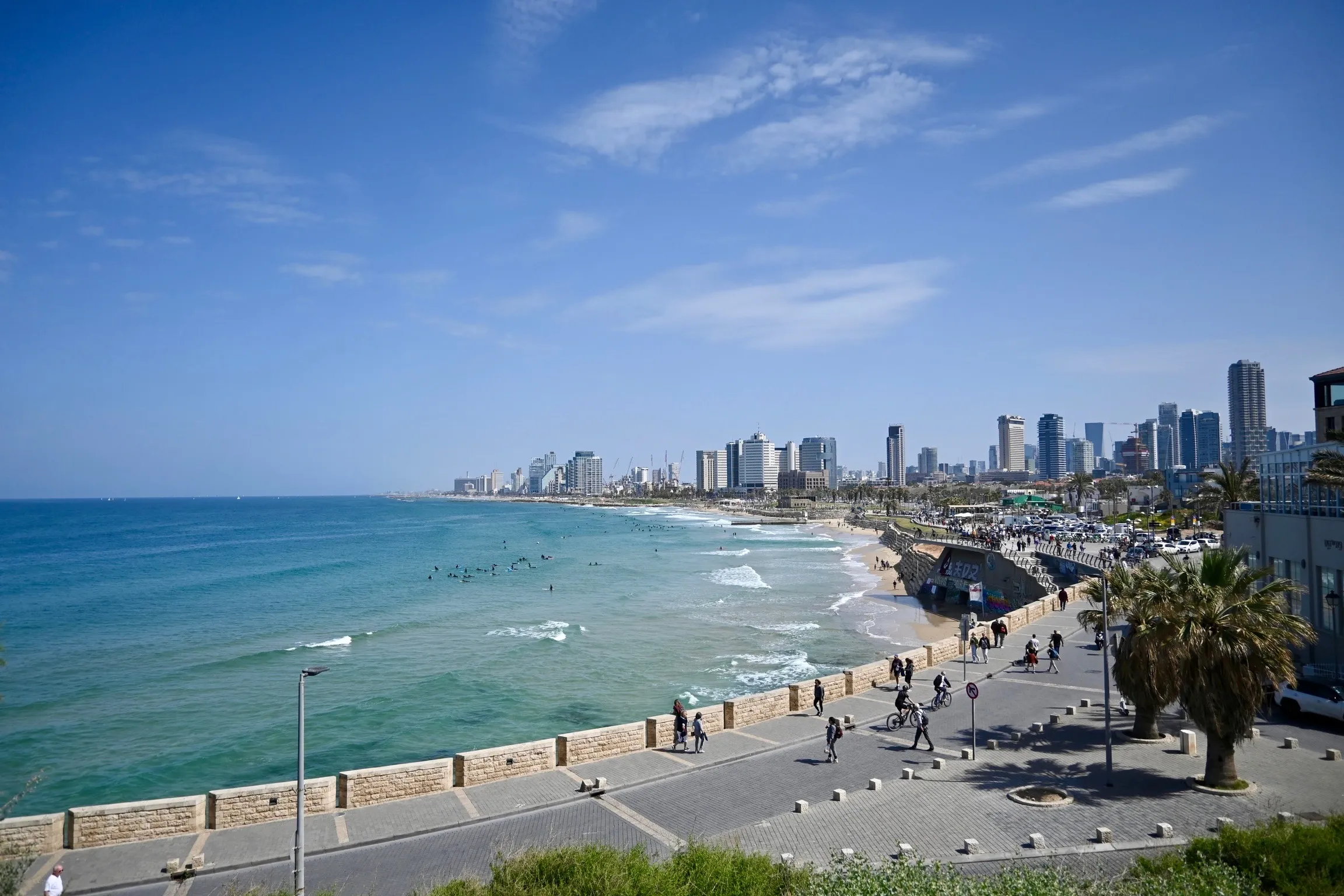 The Tel Aviv shoreline and skyline along the promenade