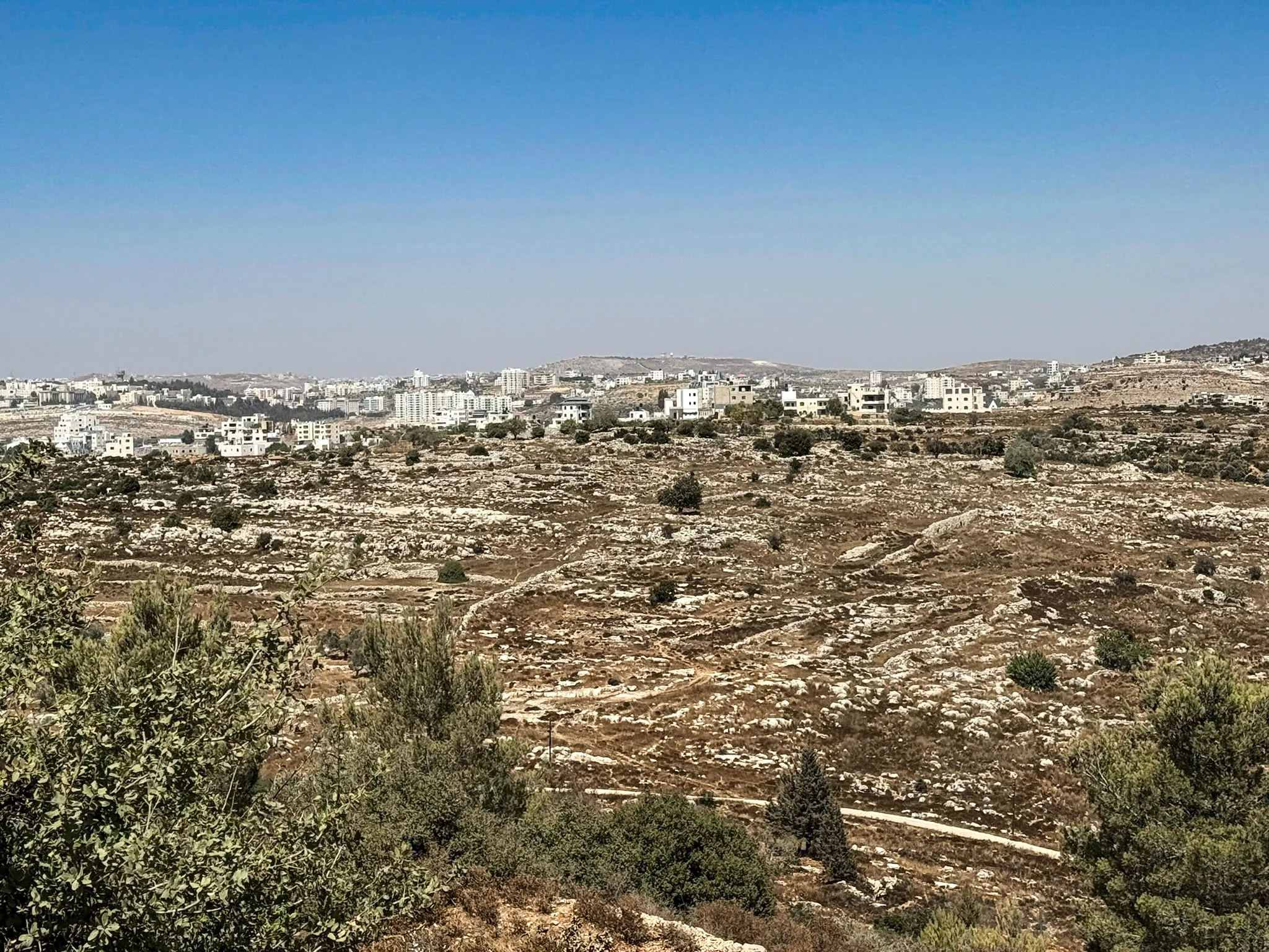 A clean sightline across a valley to the Judean hills under an open sky
